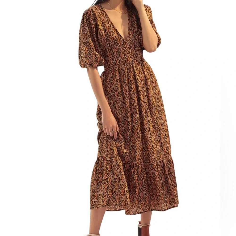 Faithfull The Brand Romilia Floral Puff Sleeve V-Neck Open Back Midi Dress